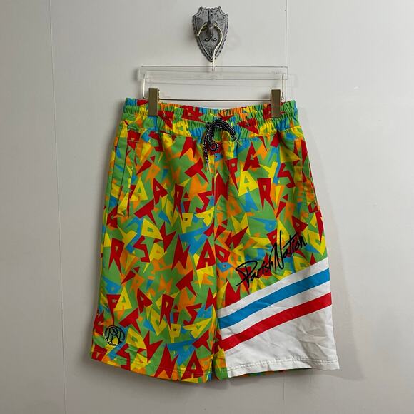 Y2K Parish Nation L swim trunks men AOP “P” green red vintage shorts beach - Picture 1 of 7